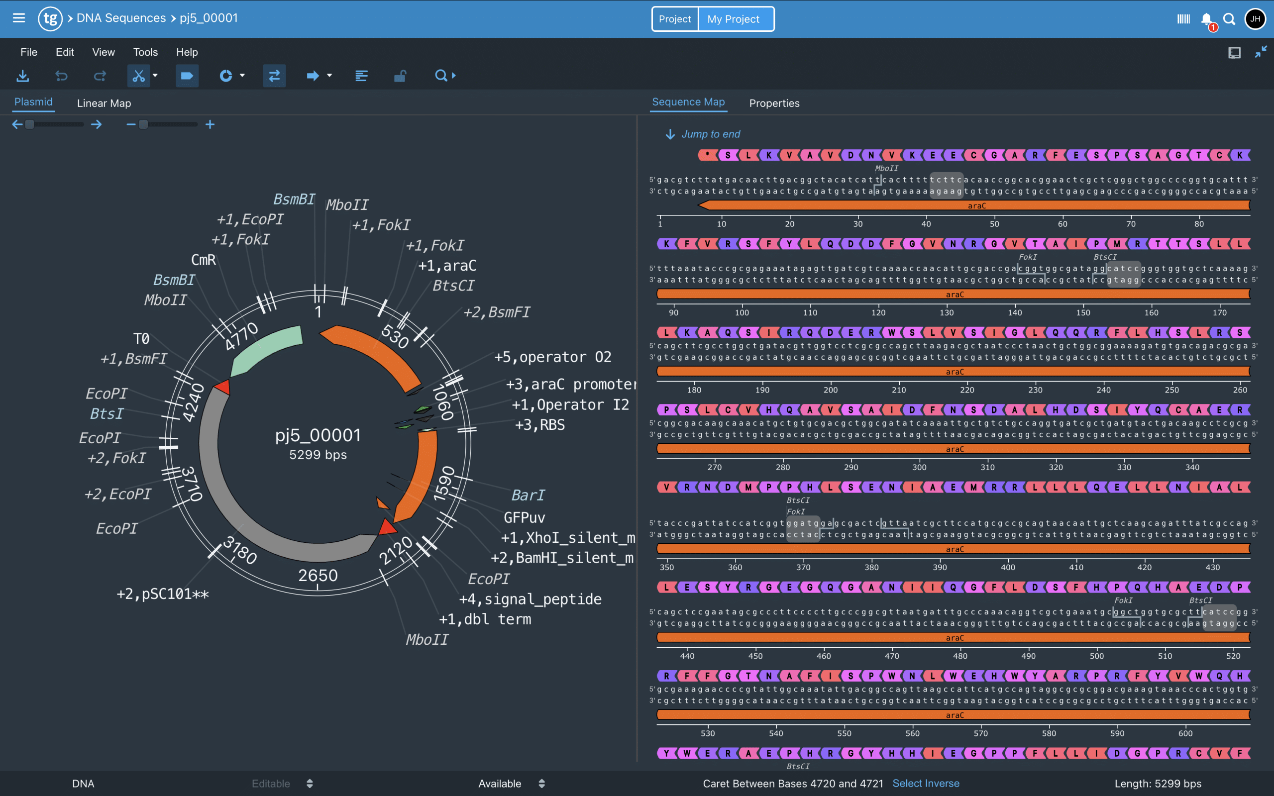 A screenshot of TeselaGen's Vector Editor in dark mode